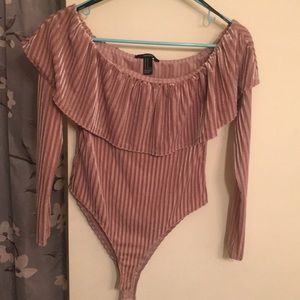 Pink ruffle off the shoulder bodysuit